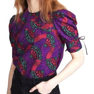 Ulla Johnson Top Womens 4 Small Puff Sleeve Art Print Purple Etta Blouse